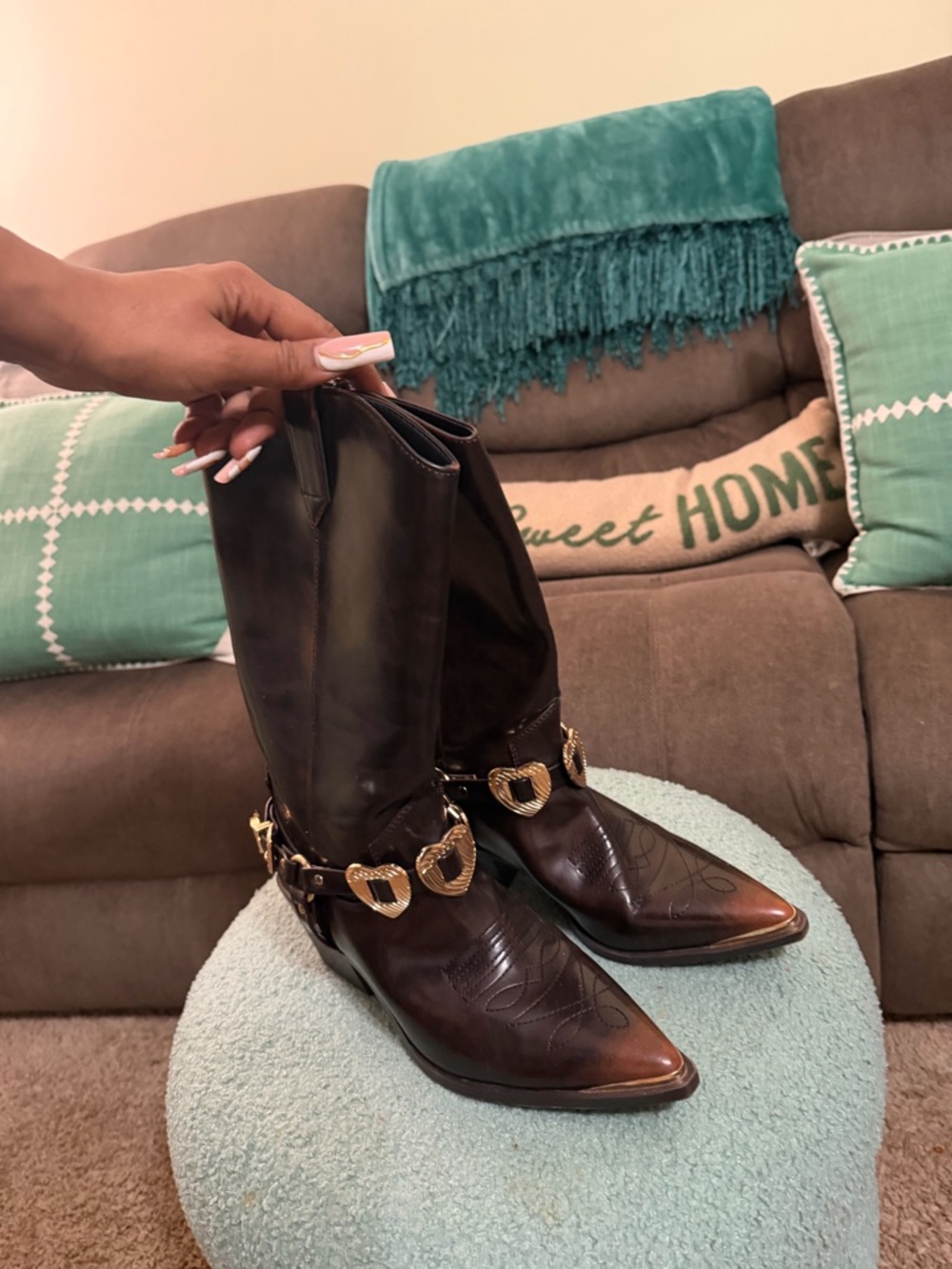 Womens Brown Leather Pointed Toe Heeled Boots with Gold Hardware